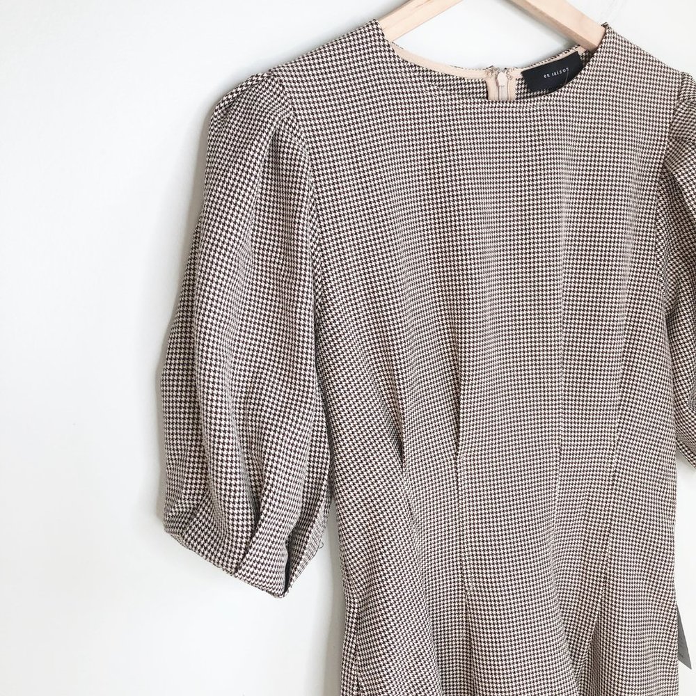 NWT Anthropologie Houndstooth Pleated Puff Sleeve Cottagecore Preppy Midi Dress - Picture 5 of 10